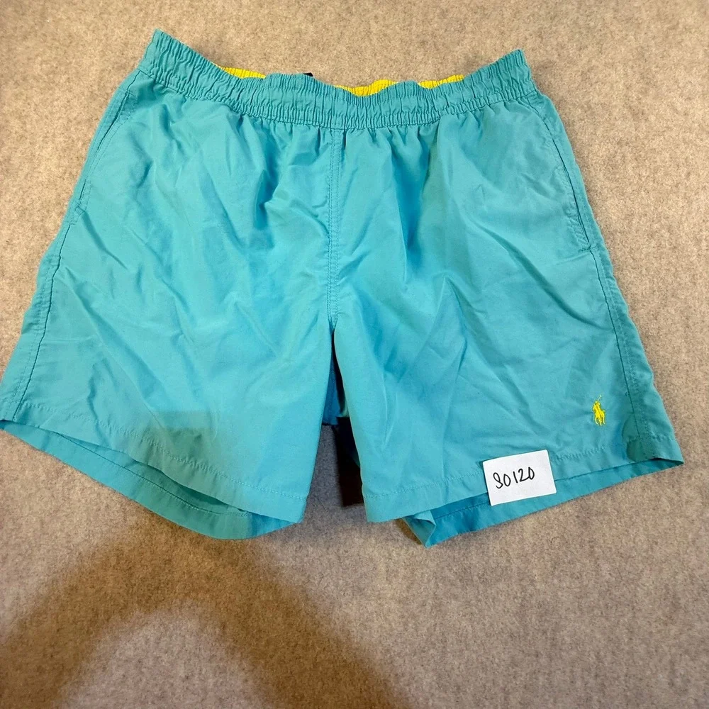 Polo Ralph Lauren Men XL Swim Trunks Turquoise Blue Yellow Pony Mesh Lined 80120